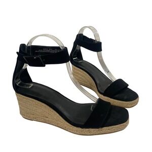 H&M Black Faux Suede Espadrille Wedge Sandals Ankle Strap US 8 EUR 39 Boho Chic